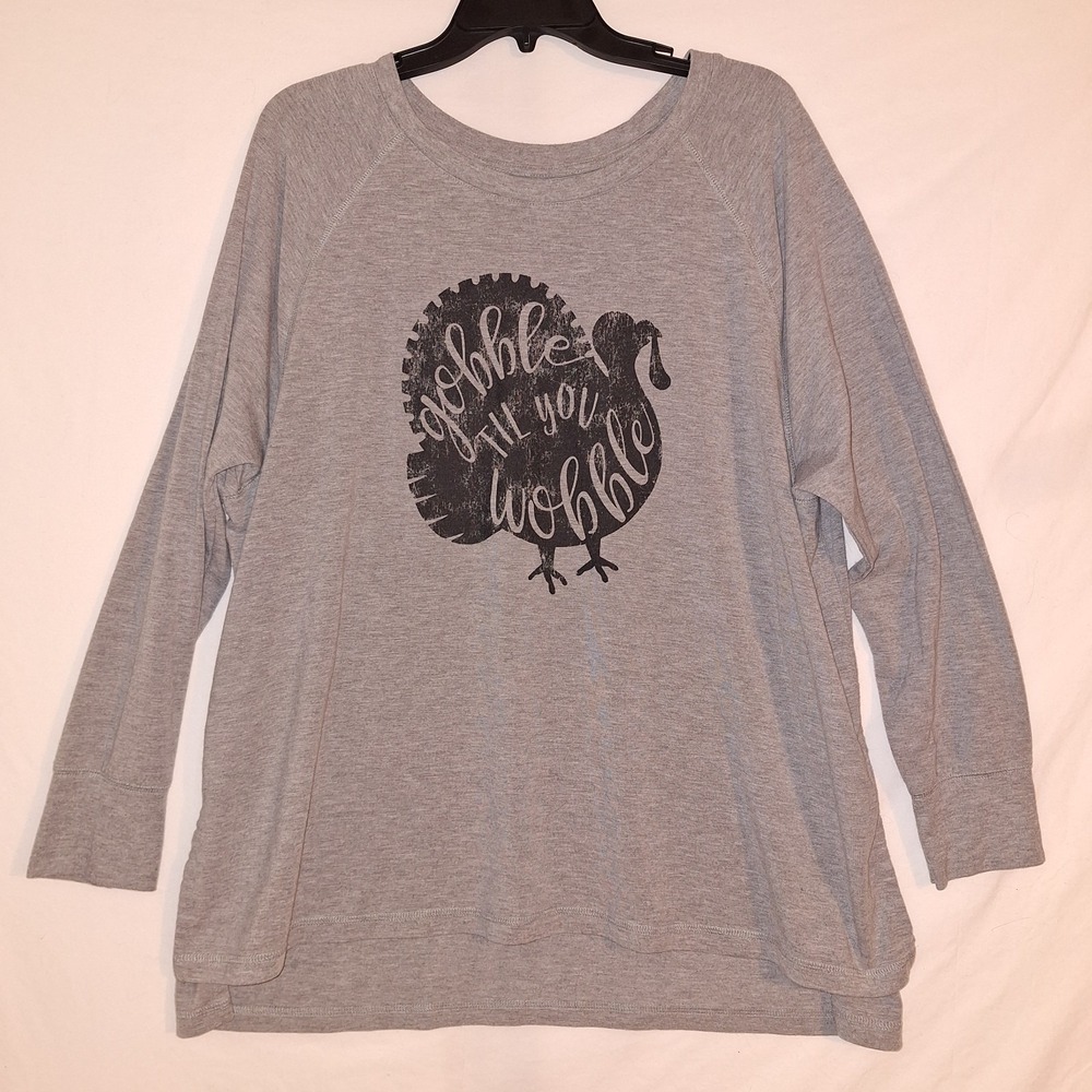 State Of Mine Women's Heather Gray Modal Knit Novelty Thanksgiving Top XL